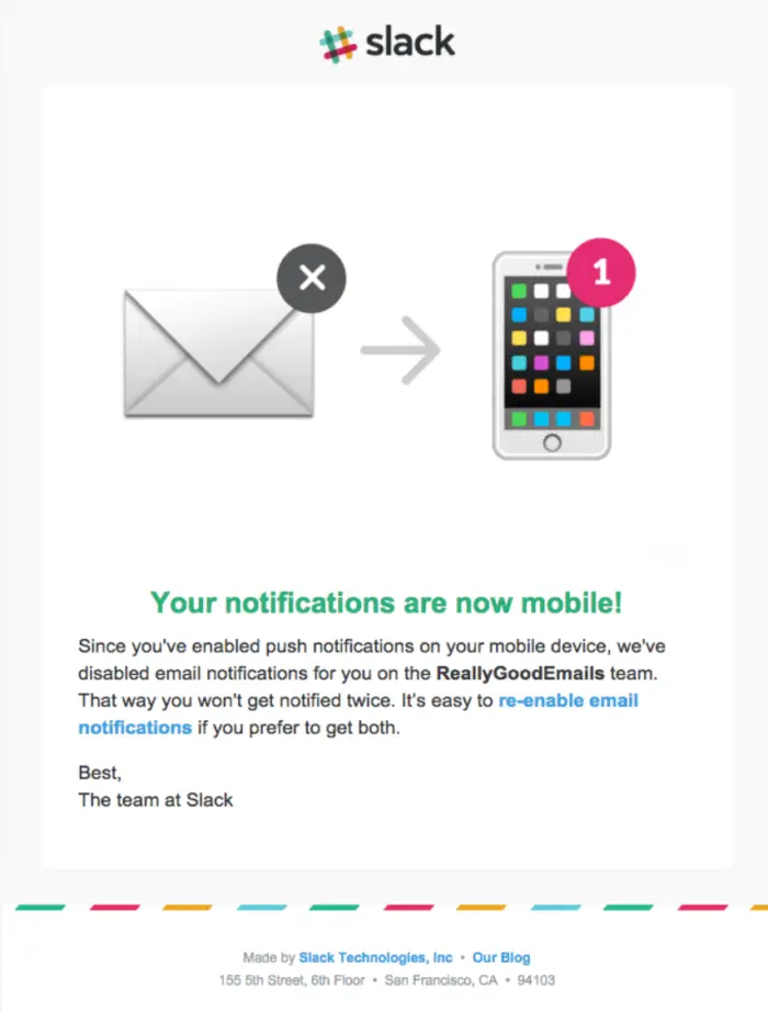 メール通知を無効にし、モバイル Slack アプリケーションからの通知を表示することを読者に通知する Slack からのメール。