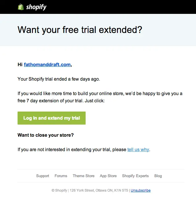 ユーザーの無料トライアルの延長を提案する Shopify からのメール。