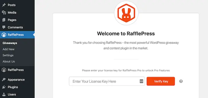 RafflePress lisans anahtarını ekleme