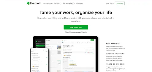 Evernote ホームページの Web デザイン