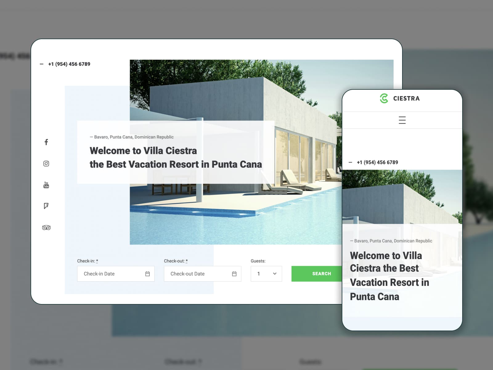 Tema WordPress Ciestra resort a fost prezentată într-o versiune mobilă și desktop.