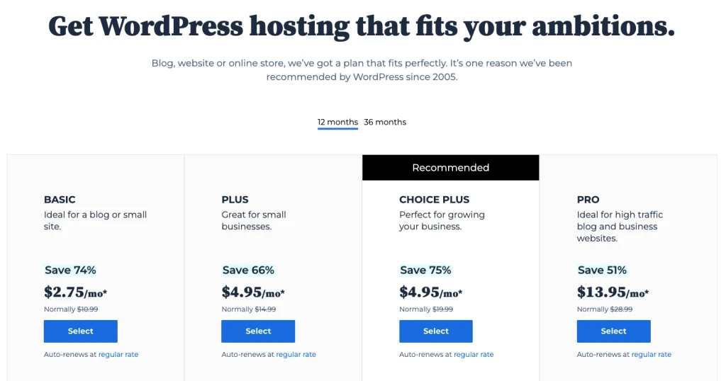 Bluehost WordPress ホスティング料金プラン