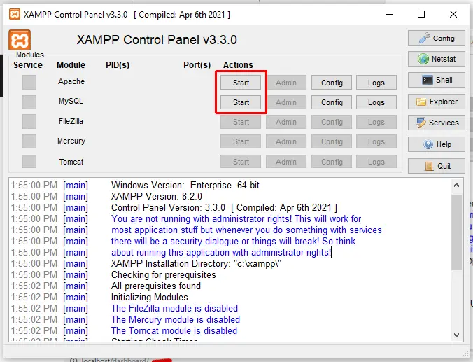 Apache 和 MySQL 开始按钮