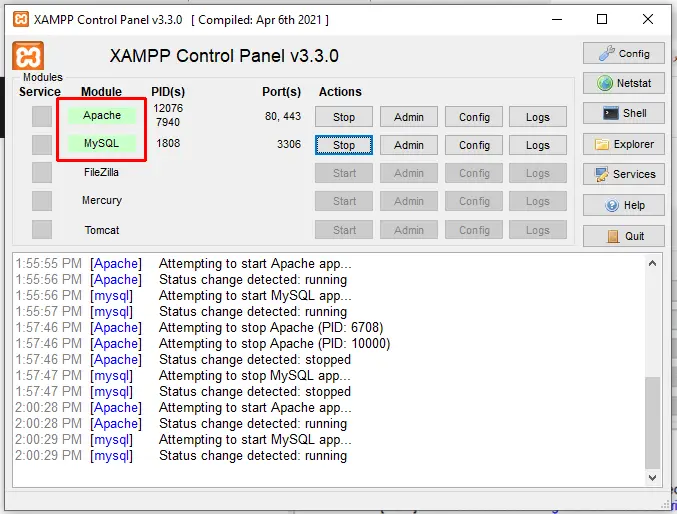 Apache 和 MySQL 变绿