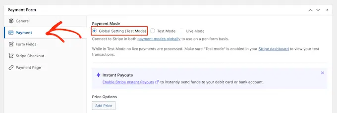 Creating a payment form in test mode