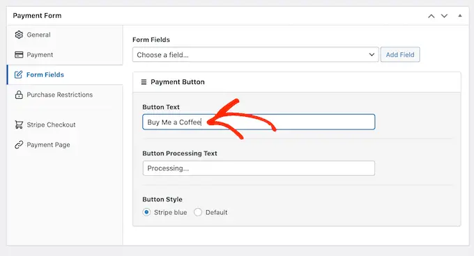 Adding a button label to your optional payment form in WordPress