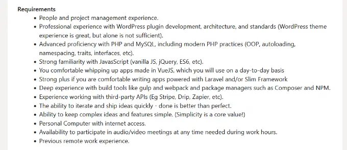 Requirements for WordPress developer role