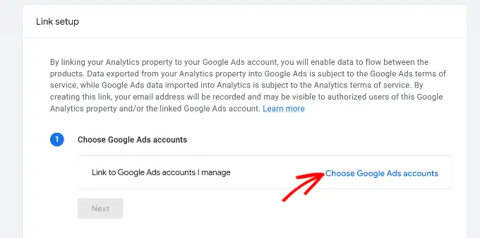 Choose Google ads account to link