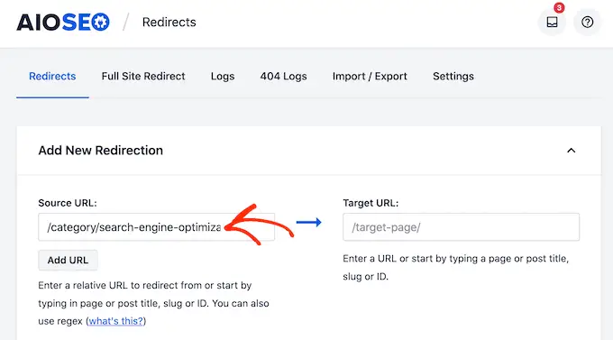 Adding a source URL for your category redirect