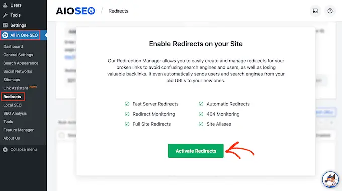 Activating the AIOSEO redirect feature