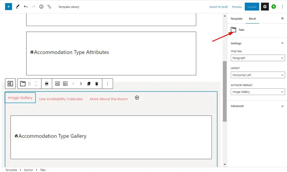 WordPress 编辑器中的选项卡块。