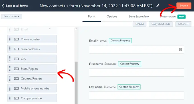 Create a form and click Submit button