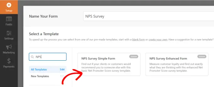 Select a NPS survey form template