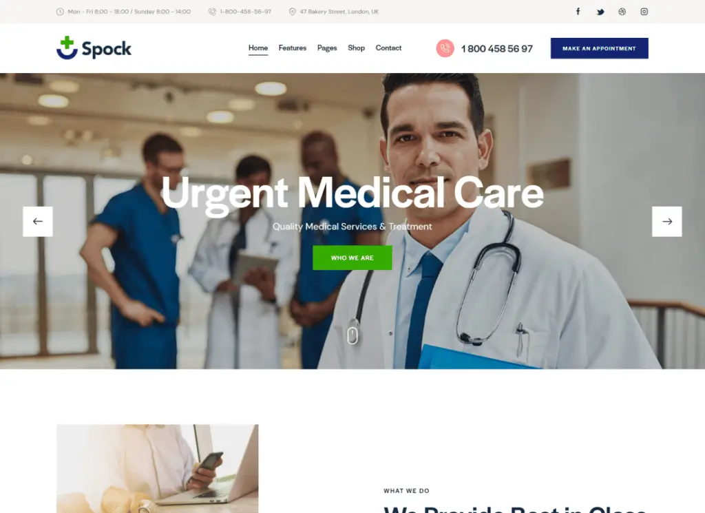 Spock - motyw WordPress z wieloma skórkami Medical Elementor