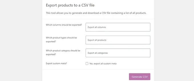 Default WooCommerce product export options