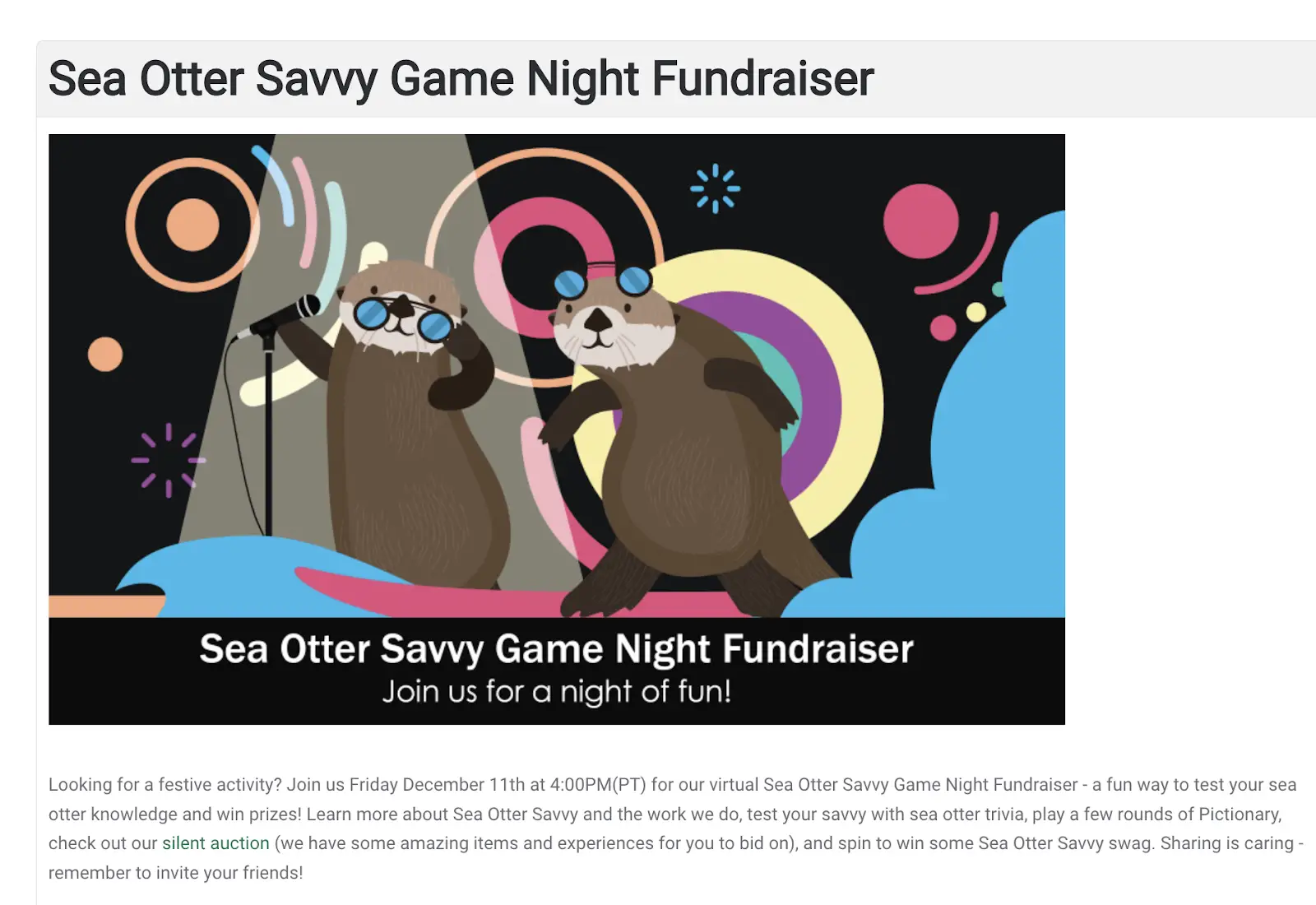 休日の募金活動として、Sea Otter Savvy は仮想ゲームナイトの募金活動を主催しています