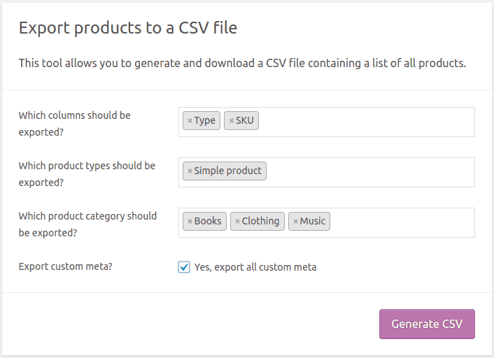 produtos WooCommerce padrão exportam csv