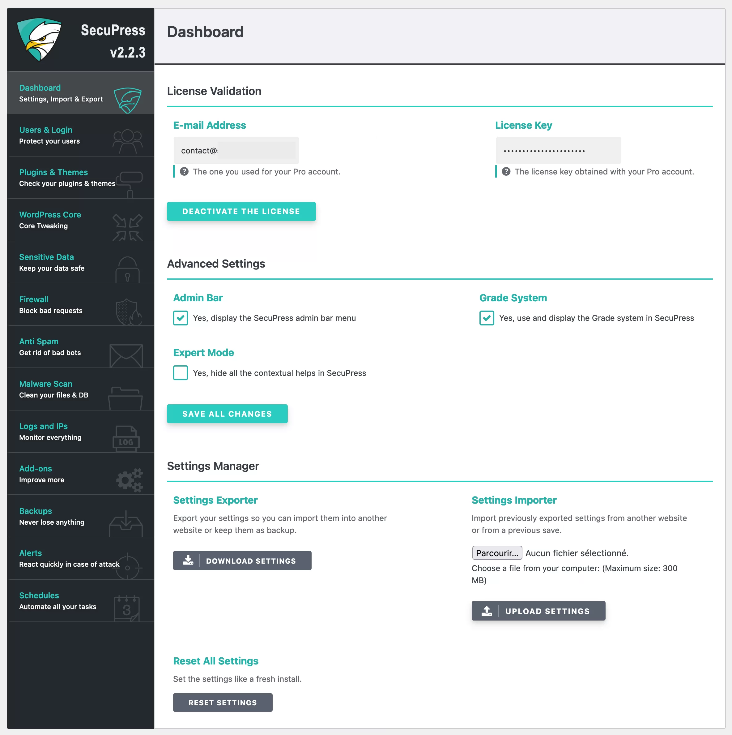 La dashboard di SecuPress è chiara e semplice.