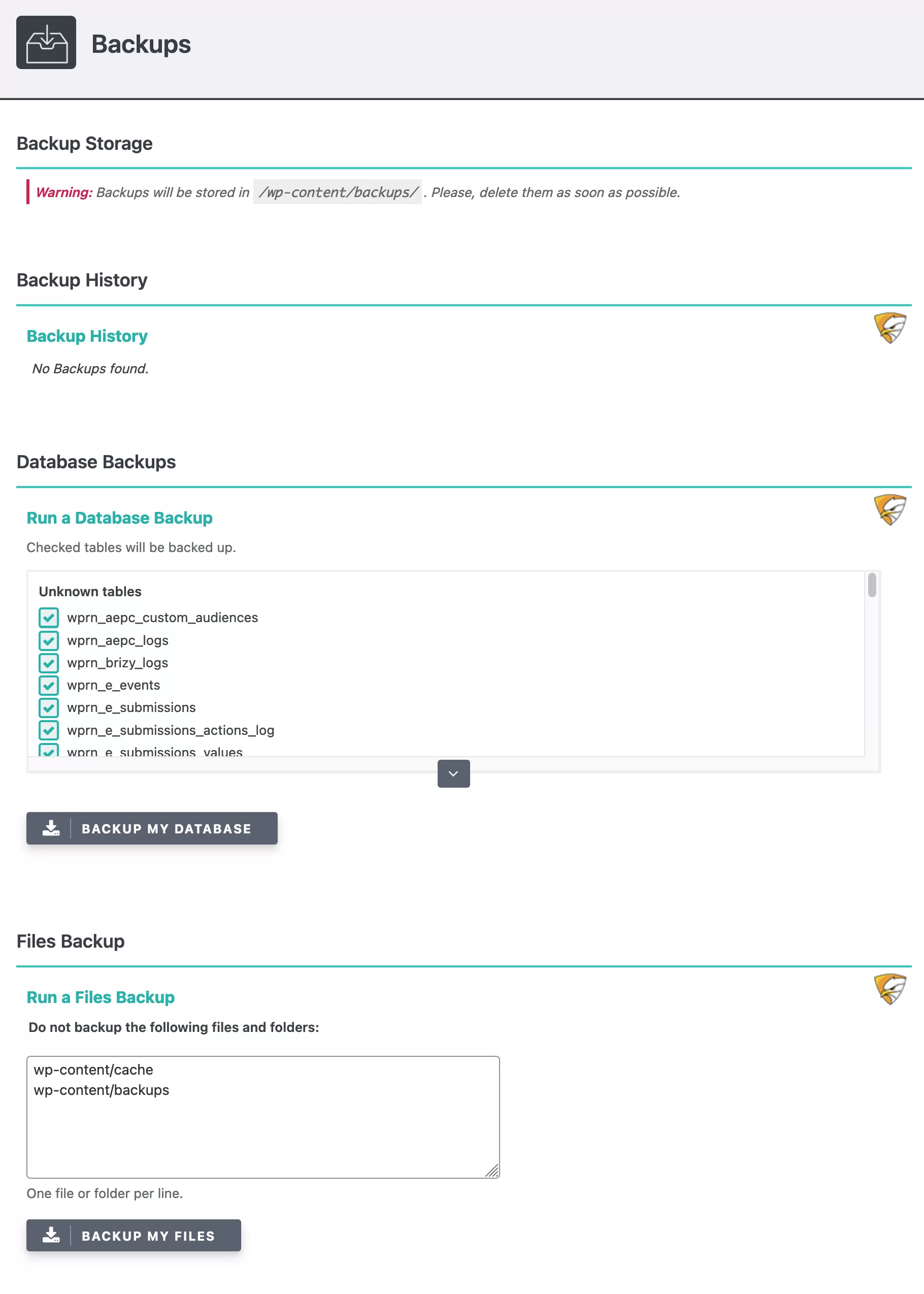 SecuPress consente di eseguire il backup dei file e del database.