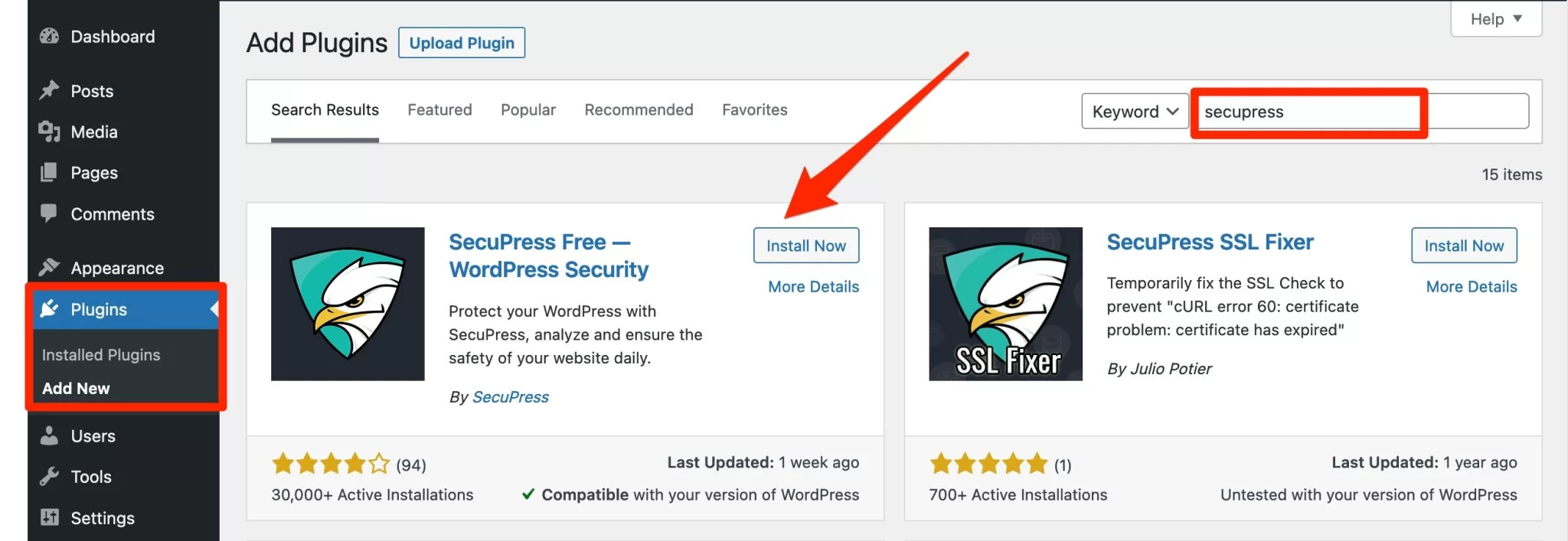 Instalowanie SecuPress z pulpitu nawigacyjnego WordPress.