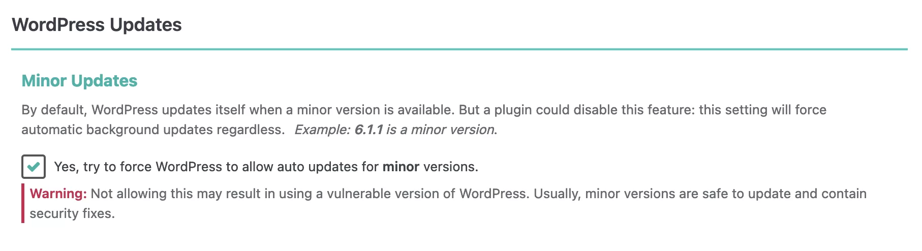 SecuPress hat eine Option, um WordPress-Updates zu erzwingen.