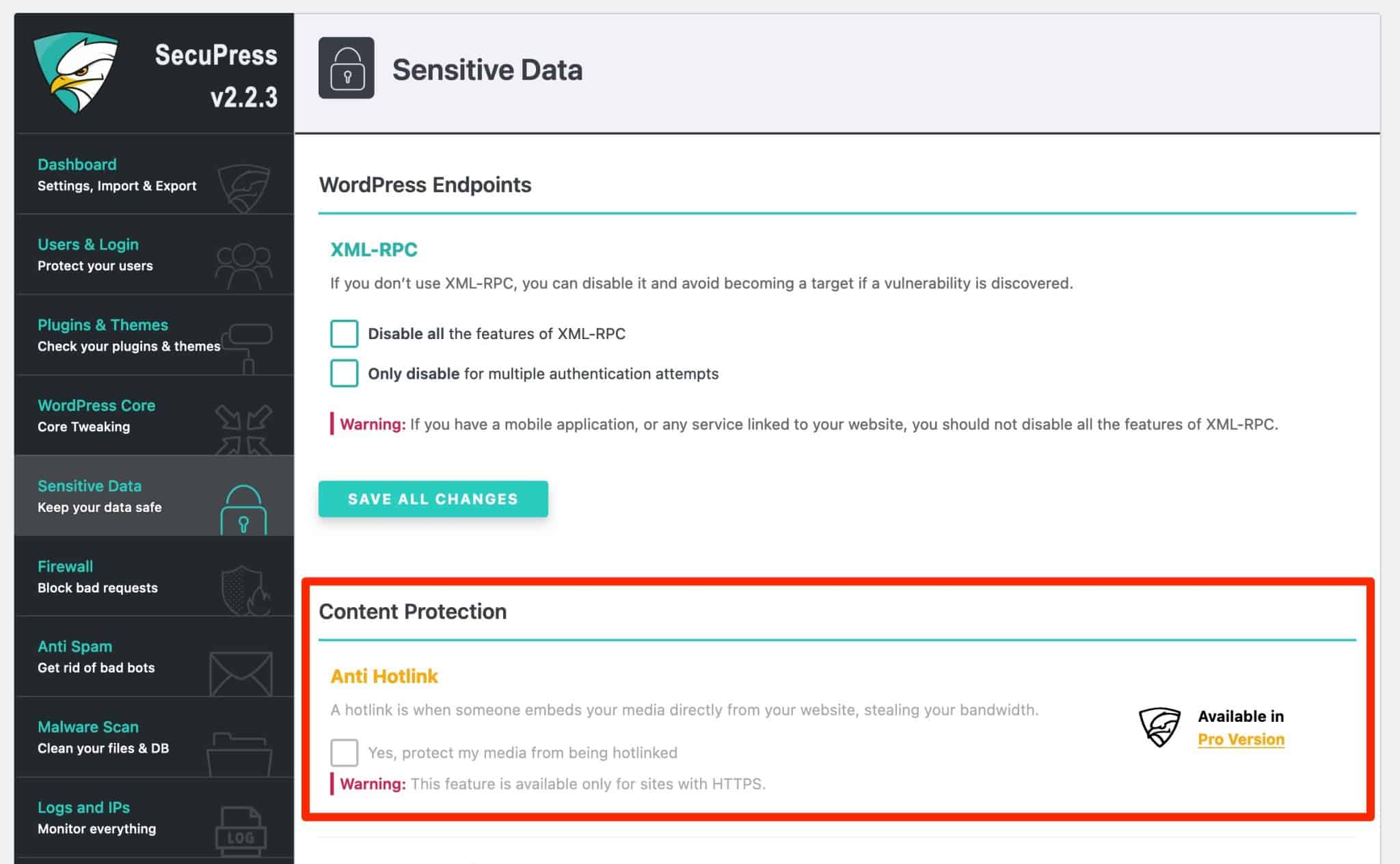 La dashboard di SecuPress mostra sia le opzioni gratuite che quelle professionali.