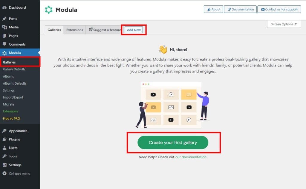 Adicionando uma nova galeria no Modula