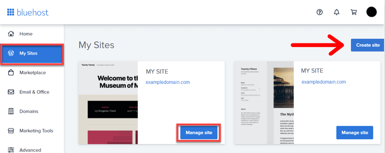 Creați opțiunea de site WordPress în Bluehost Dashboard
