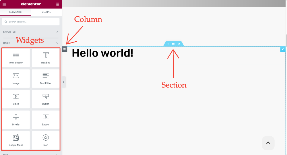 widgets de columna de sección elementor