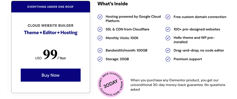 Preços do construtor de sites Elementor Cloud