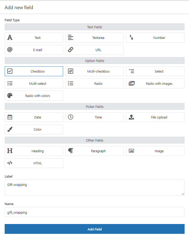 在灵活的产品字段中添加复选框字段