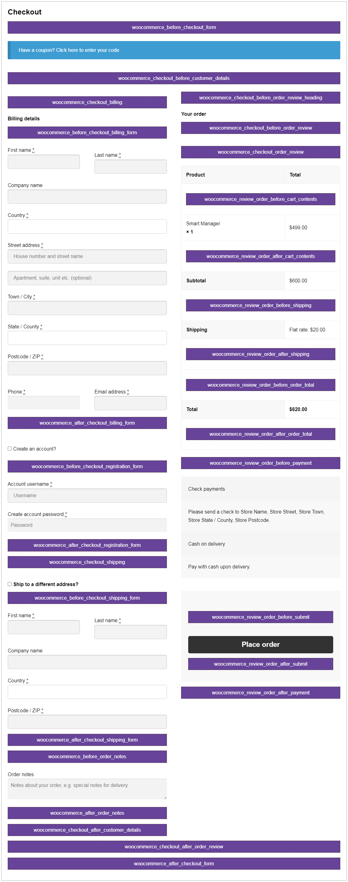 Visualización de ganchos de pago de WooCommerce