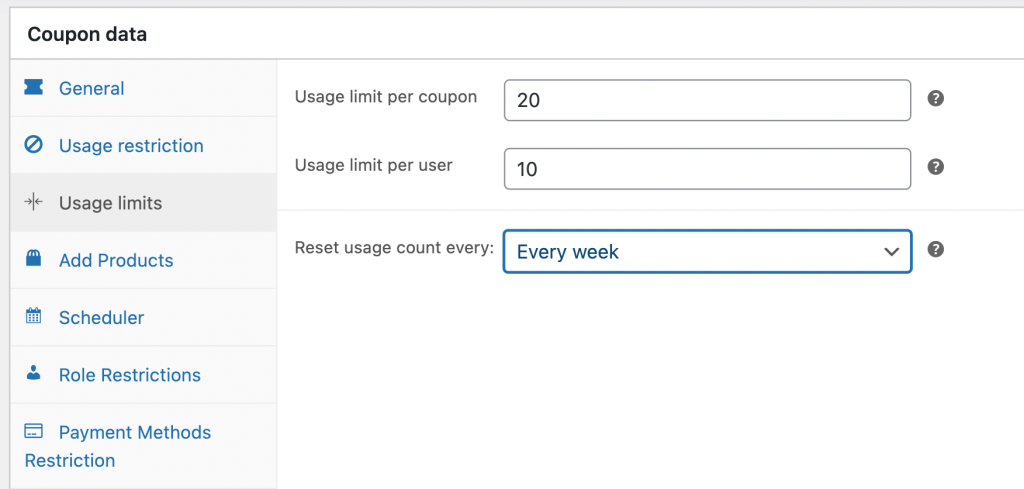 The Usage limits tab in Advanced Coupons. 