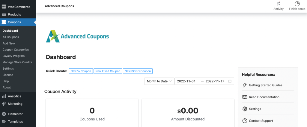 The WordPress Coupons tab in Advanced Coupons. 