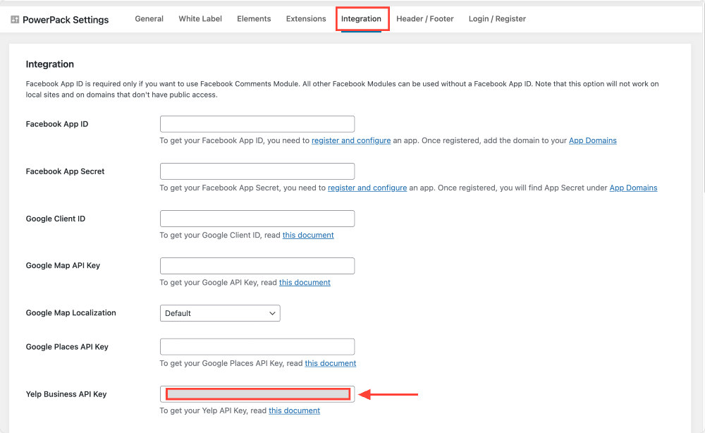 pegar yelp api en la configuración de powerpack elementor