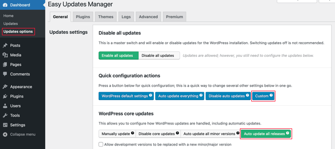 Using a plugin, enable automatic WordPress updates