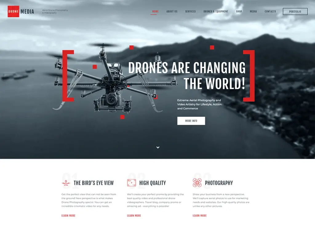 无人机媒体 |航空摄影与摄像 WordPress 主题 + Elementor