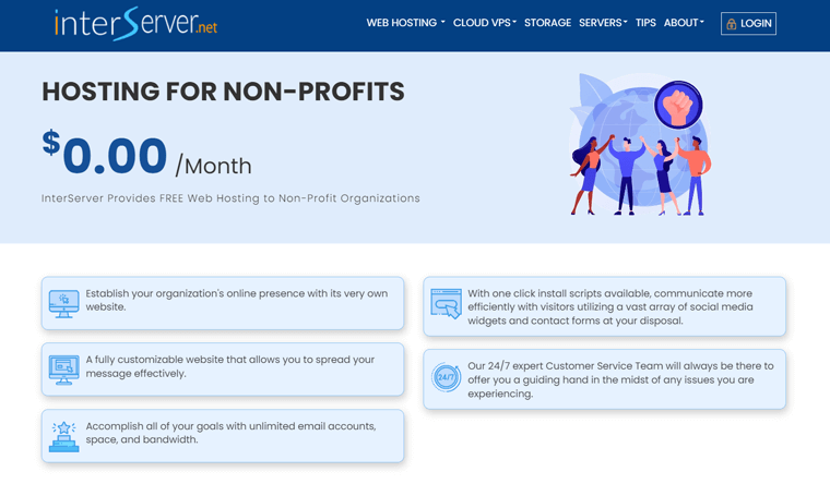 Hospedagem InterServer para organizações sem fins lucrativos