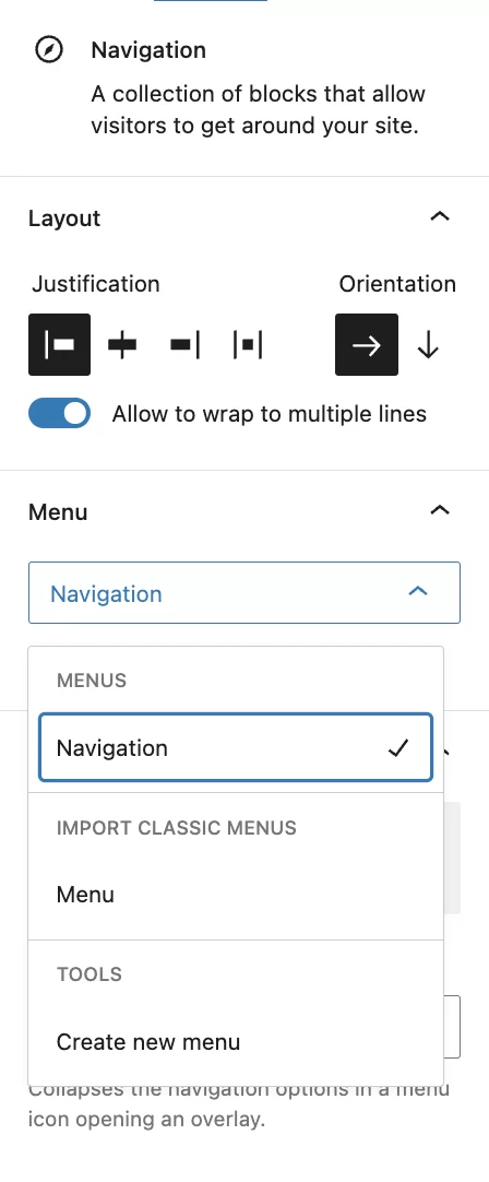 La configuración del bloque de navegación de WordPress.