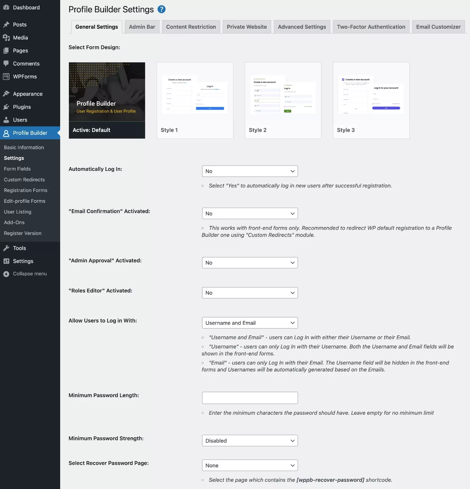 Opciones de Profile Builder como alternativa gratuita de WPForms para el registro de usuarios