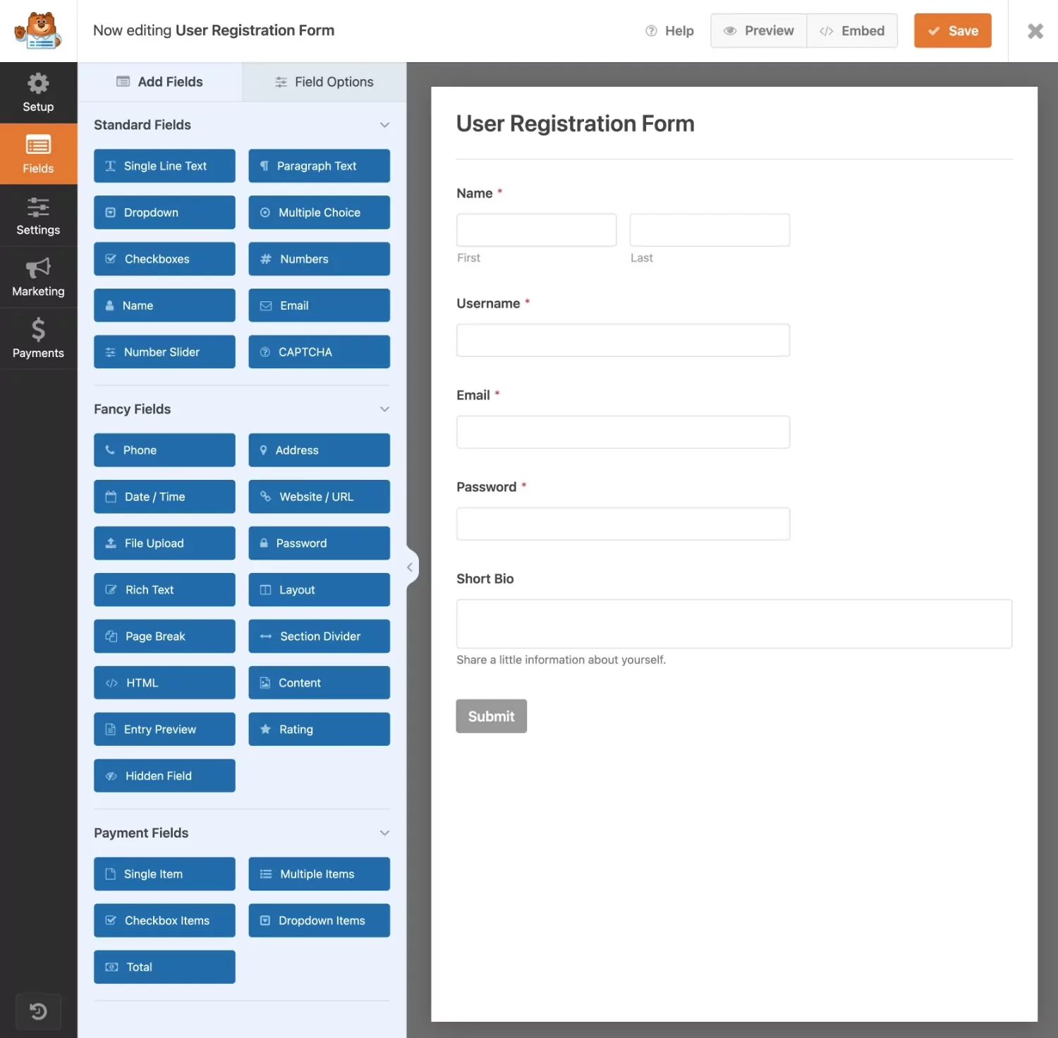 WPForms Oluşturucu arayüzü