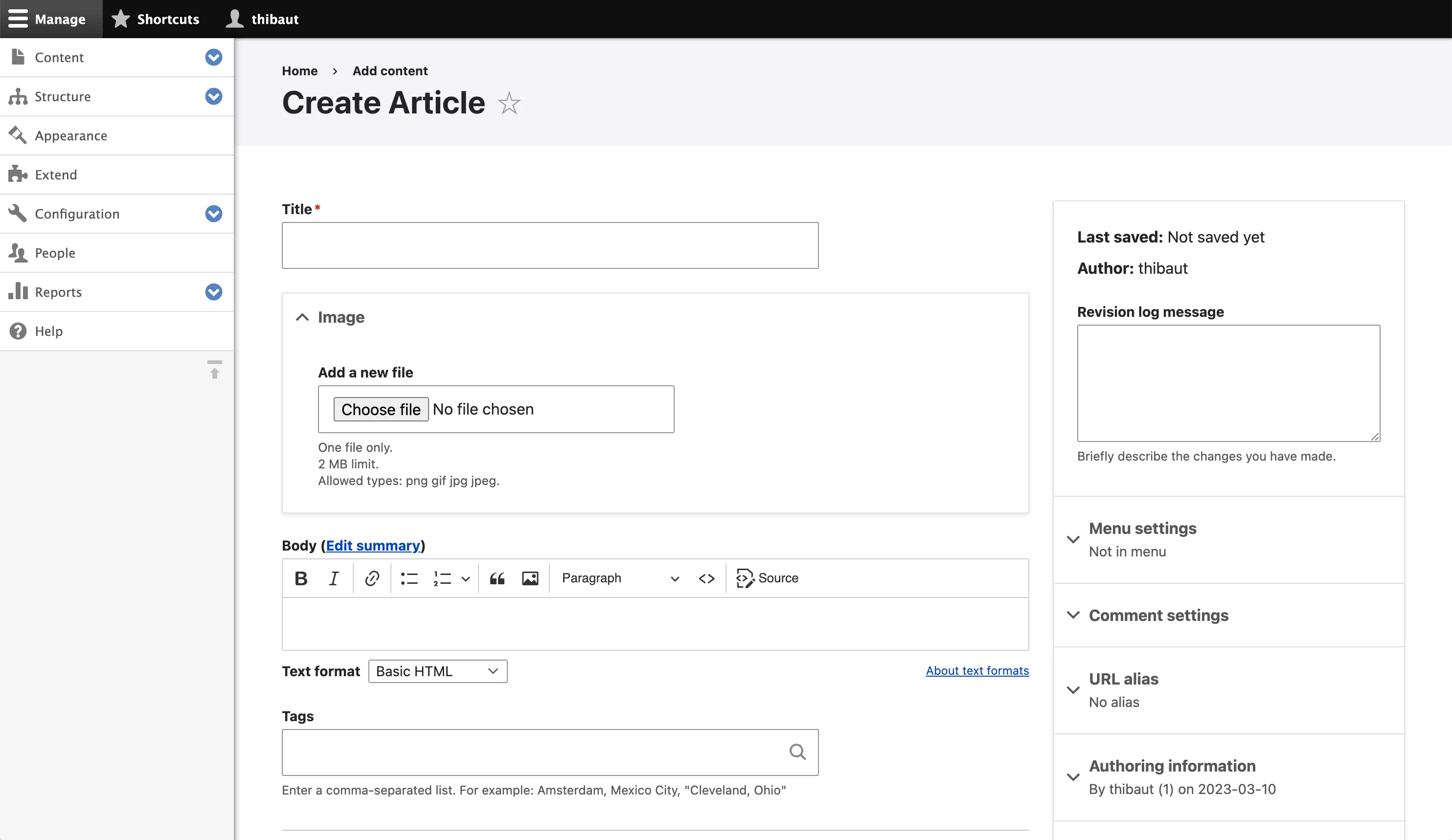 Creación de una entrada de blog en Drupal.