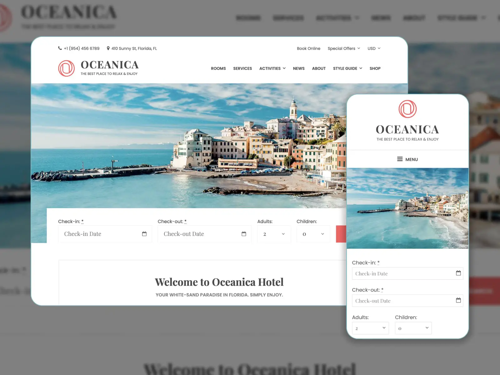 Oceanica - Captura de tela de temas WordPress para sites de hotéis. Pagina inicial.