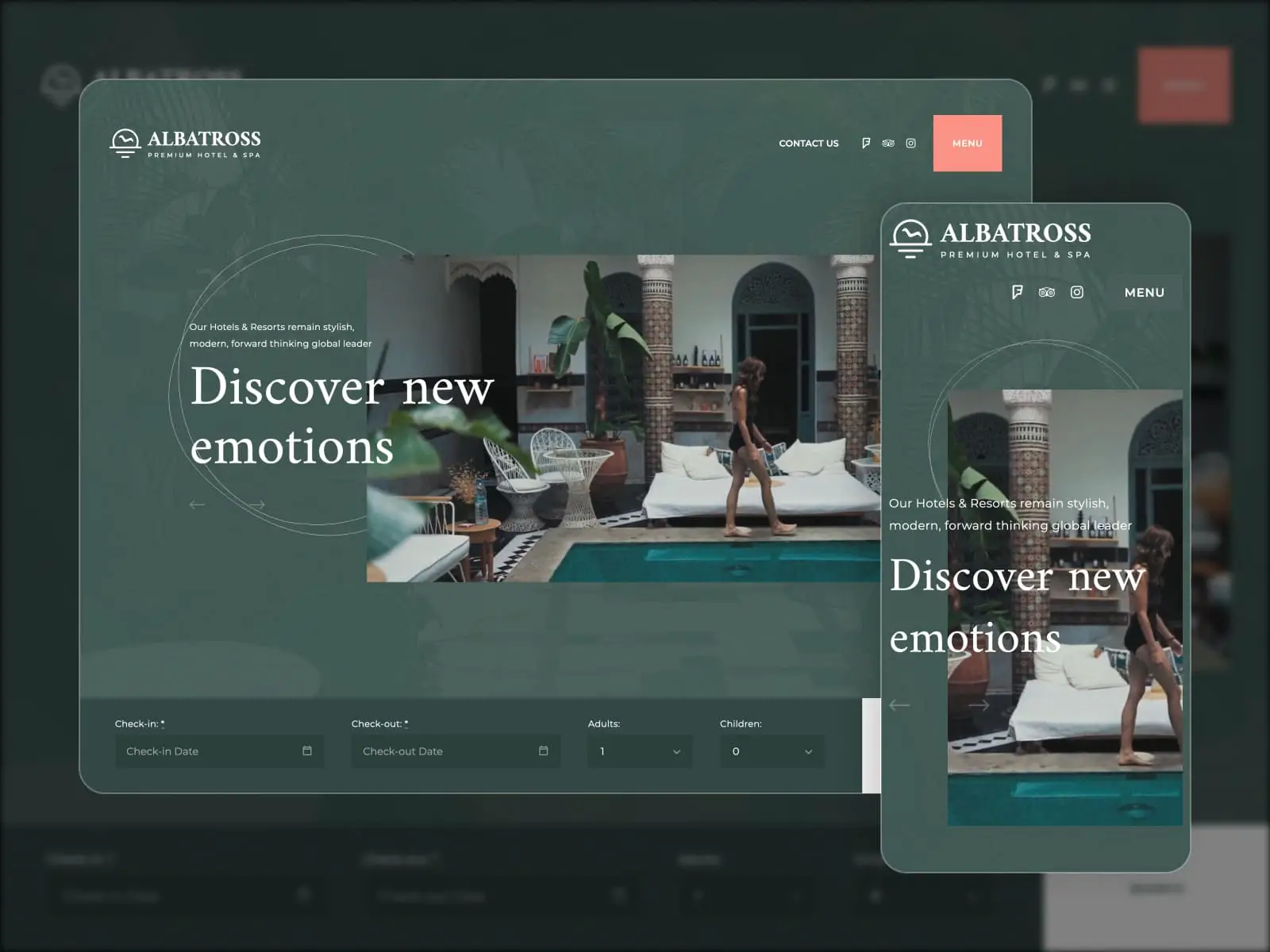 Albatross – Screenshot von Elementor-Vorlagen für ein Hotel. Startseite.