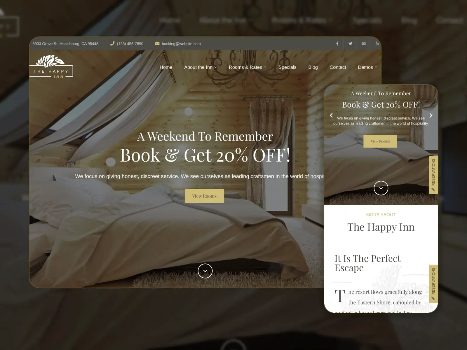 The Happy Inn - Captura de tela de temas WordPress para sites B&B. Pagina inicial.