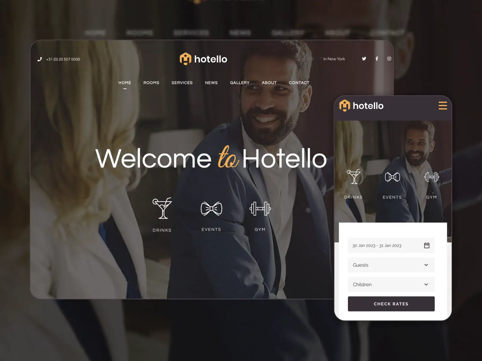 Hotello – Screenshot von WordPress-Themes für ein Resort und Hotel. Startseite.