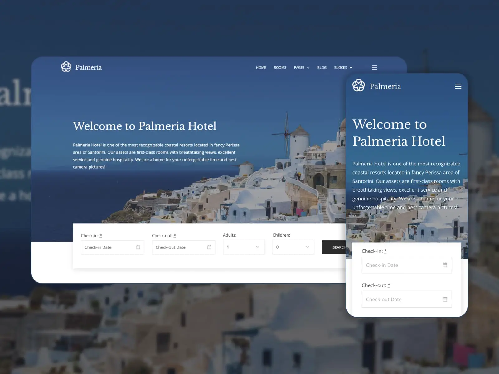 Palmeria - 酒店 WordPress 主题的截图。主页。