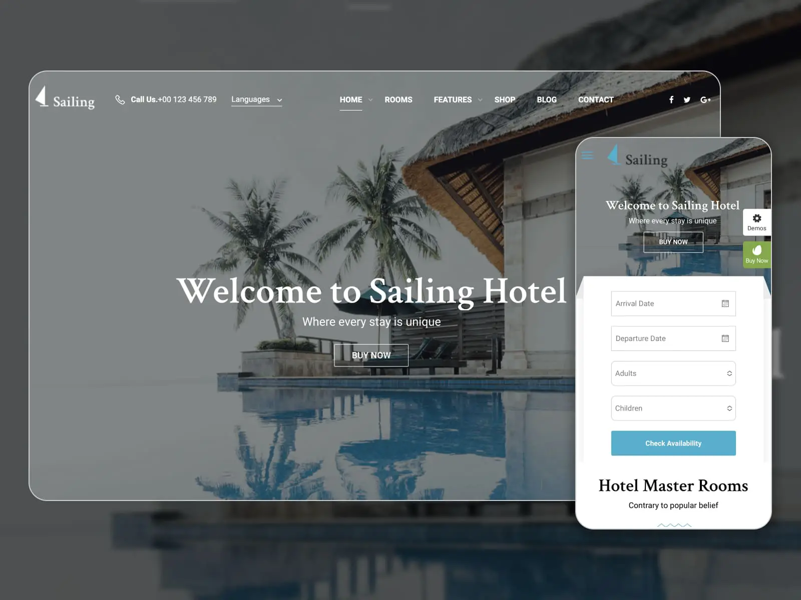 Sailing - ホテルの Web サイトの WordPress テーマのスクリーンショット。ホームページ。