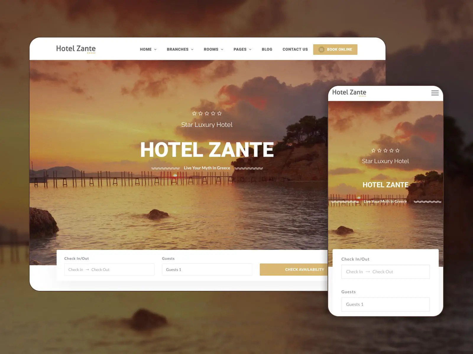 Zante - Captura de tela de temas WordPress para um hotel. Pagina inicial.