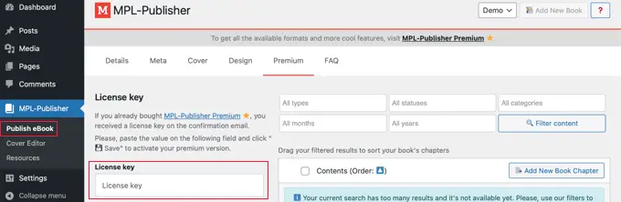 Entering a Premium License Key in MPL-Publisher